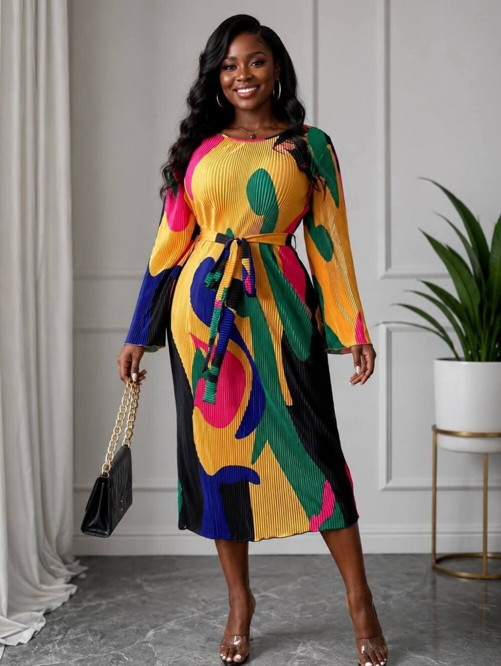 Shein Curve Multicolor Abstract Print Pleated Midi Dress